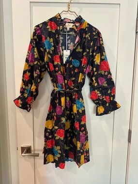 Flora Bea NYC NWT large Floral Ruffle-Neck Tie-Waist Dress - Navy multi color